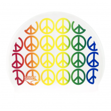 Swim Cap Fun Spurt - Peace Signs Rainbow on White Background