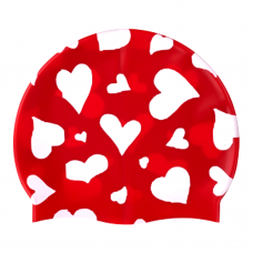 Swim Cap Fun Spurt - White Hearts on Red Background