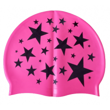 Swim Cap Fun Spurt - Black Stars on Pink Background